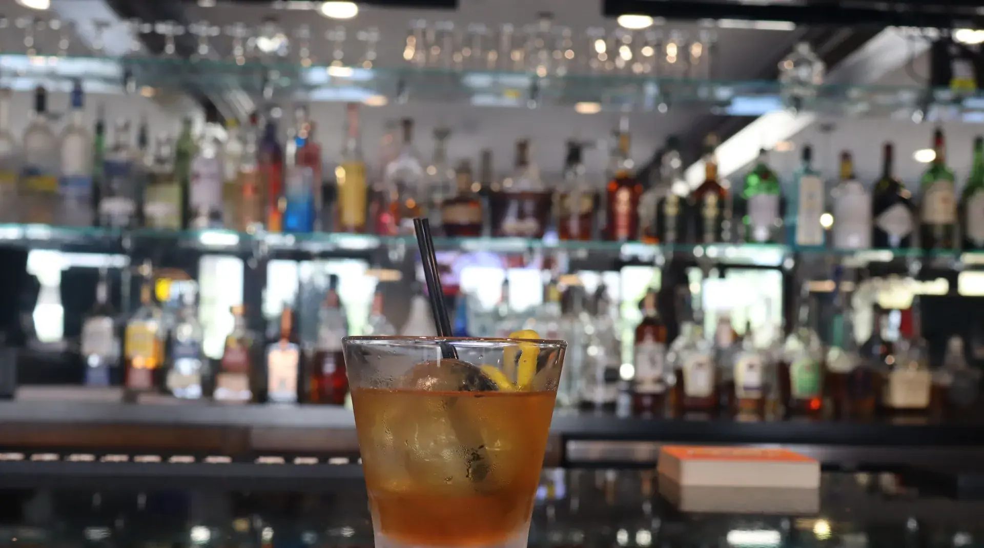 A brown sugar old fashioned on the bar at The Black Oak.